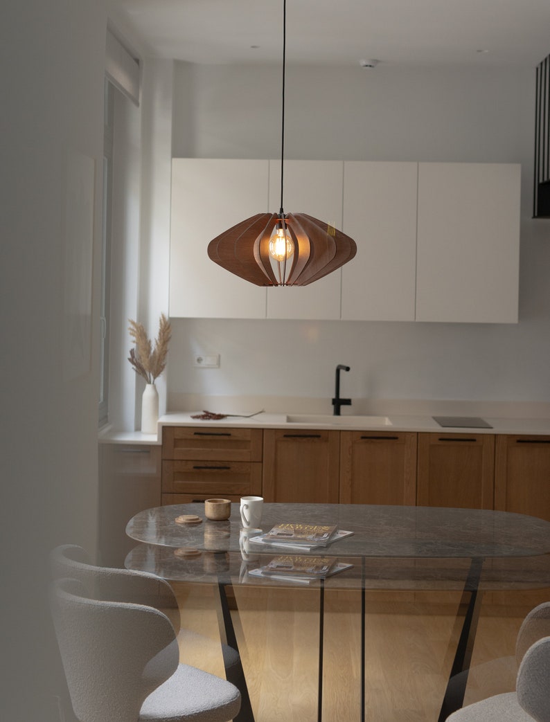 Mid-Century Marvel: Geometric Wooden Pendant Light Fixture Timeless Elegance with Modern Flair image 4