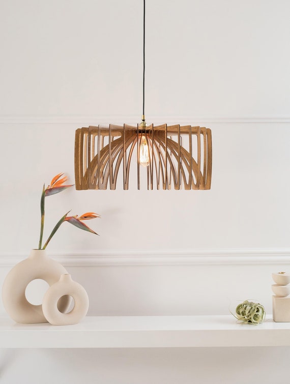 Wood Light Fixture, Pendant Lamp, Wooden Lampshade, Nordic Design, Ceiling Light, Mid Century Modern, Kitchen Island, Natural Wood