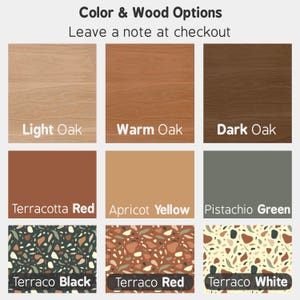 May include: A grid of nine colour and wood finish options labelled Color & Wood Options. The top row shows light, warm, and dark oak wood grains. The middle row displays terracotta red, apricot yellow, and pistachio green. The bottom row shows three terrazzo patterns with black, red, and white backgrounds.