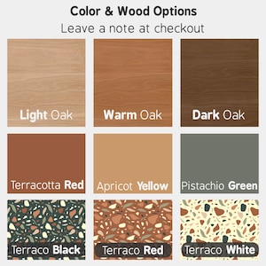 May include: A grid of nine color and wood finish options labeled Color & Wood Options. The top row shows light, warm, and dark oak wood grains. The middle row displays terracotta red, apricot yellow, and pistachio green. The bottom row shows three terrazzo patterns with black, red, and white backgrounds.