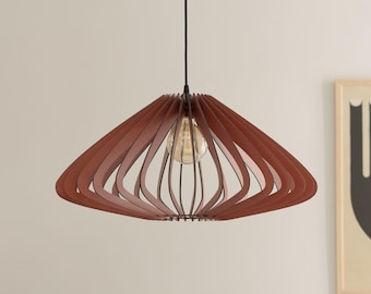 Red Wood Pendant Lamp Mid Century Modern Chandelier, Dining Room Ceiling Lamp