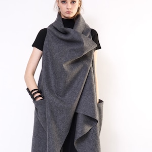 Grey Long Wide Vest / Loose Long Grey Wool Vest / Grey Sleeveless Long Cardigan / Sleeveless Long Jacket