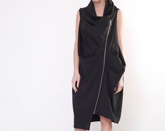 Black cocktail dress / Oversized dress / Avant garde dress / Black dress women / Black vest / Black wool dress / Vest dress / Extravagant