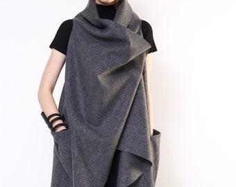 Grey Long Wide Vest / Loose Long Grey Wool Vest / Grey Sleeveless Long Cardigan / Sleeveless Long Jacket