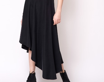 Hoge taille rok/esthetische kleding/Midi rok/zwarte wollen rok/lange rok/asymmetrische rok/extravagante rok