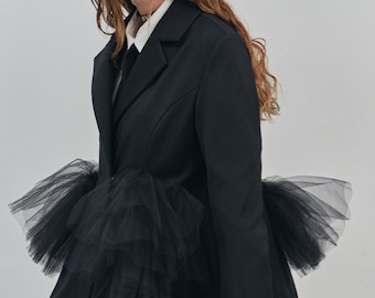 Wool blazer with tulle frills, Black elegant skirted blazer, Flared blazer jacket, Black wool blazer with flounces.