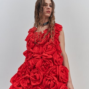 Red cotton wedding dress with roses