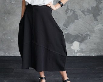 Black midi skirt | Black cotton skirt | Black jersey skirt | Black pleated skirt