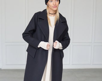 Oversized Black Wool Maxi Coat: Handmade Italian Designer Trench