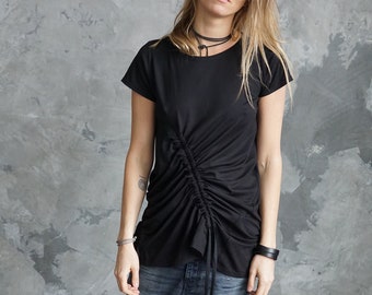 Black asymmetrical t-shirt / Black summer t-shirt / Black festival t-shirt / Black shirt
