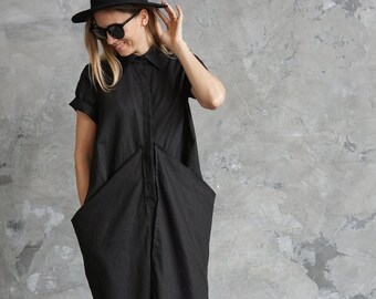 Black linen shirtdress | Black linen dress | Black linen summer dress | Black linen tunic | Linen blouse