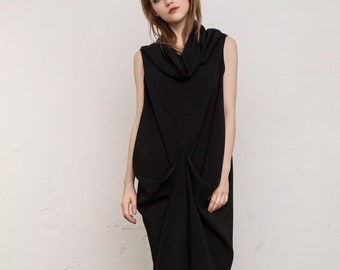 Draped Black Viscose Dress: Avantgarde Tunic, Cocktail Party Dress