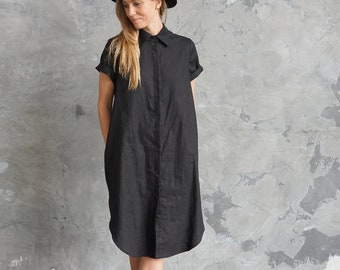 Linen shirt | Black linen shirtdress | Black linen dress | Black linen summer dress | Black linen tunic | Linen top