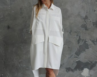 White summer dress | White shirtdress | Oversized white dress | White midi dress | Summer tunic | Long white blouse |