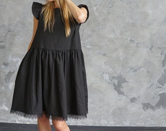 Black linen dress | Summer linen dress | Asymmetrical linen dress | Short linen dress | Black linen tunic