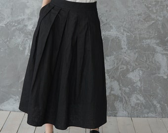 Black linen skirt | Linen midi skirt | Pleated linen skirt | Black pleated skirt