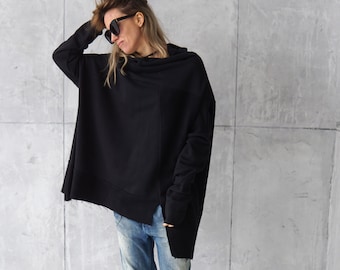 Oversized Sweater / Cozy Blouse / Plus Size Tunic / Black Cotton Top / Loungewear Women