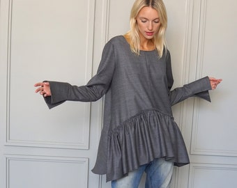 Luxury wool blouse / awesome gray shirt / soft wool blouse / loose silhouette top /