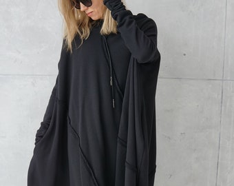 Long Cotton Tunic / Goth Plus Size / Black Cotton Dress / Cocoon Jersey Dress / Long Sleeve Dress