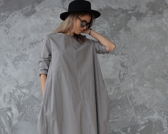 Plus size dress / Grey cotton dress / Long grey dress