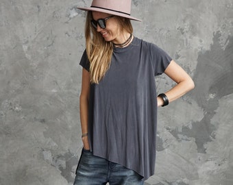 Grey asymmetrical t-shirt bohemian style, Summer loose boho t-shirt