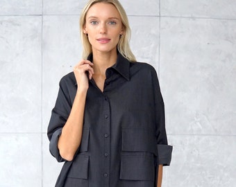 Gray wool tunic | Plus size tunic | Gray loose shirtdress | Gray midi dress | Elegant blouse | Long wool shirt