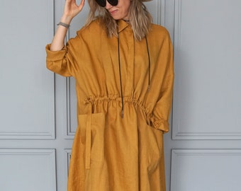 Natural Linen Dress Casual Loose Midi Yellow Dress Plus Size Linen Shirt Dress Linen Tunic Sustainable Clothing
