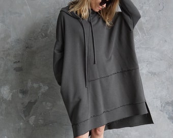 Gray Oversized Hoodie | Long Black Sweatshirt | Loose Sweater Dress | Oversize Hoodie