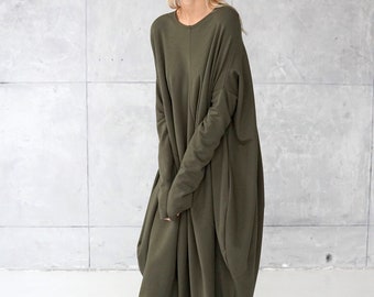 Green jersey dress | Casual dress | Green loose tunic | Long sweatshirt dress | Cotton dress | Casual wear dress