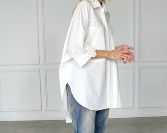 White stylish shirt / Plus size tunic / Loose blouse / White viscose shirt / Button up shirt / Party shirts / Woman formal shirt /Kimono top