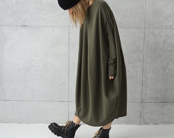 Long Jersey Dress | Dresses Online | Green Loose Tunic | Dress Plus Size | Cotton Khaki Dress | Sweatshirt Dress | Oversized Tunic