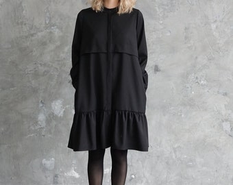 Little Black Dress | Black Shirt Dress With Band Collar | Black Casual Dress | Black Dress With Long Sleeve