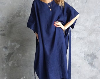 Robe en lin surdimensionnée / Robe Cocoon / Tunique en lin / Vêtements en lin / Linge grande taille / Robe en lin Indigo / Robe caftan en lin