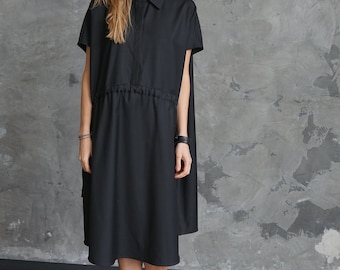 Black summer dress | Black shirtdress | Black midi dress | Black plus size dress