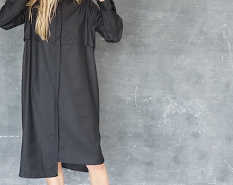 Black Wool Long Dress | Extravagant Asymmetric Shirt | Designer Inspired  Clothing