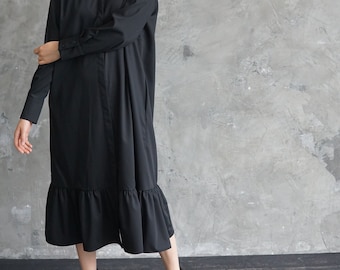 Handmade Black Viscose Midi Dress: Ruffle Hem, Long Sleeves