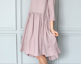 Natural Linen Dress Casual Loose Midi Pink Dress Plus Size Linen Dress Linen Tunic Sustainable Clothing