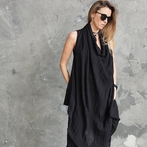 Black Linen Tunic Dress: Asymmetrical Shawl Collar Boho Style