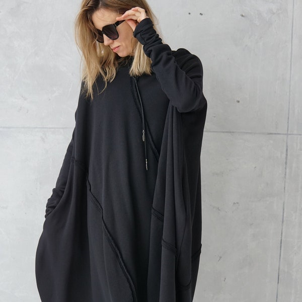 Long Cotton Tunic / Goth Plus Size / Black Cotton Dress / Cocoon Jersey Dress / Long Sleeve Dress