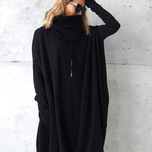 Cotton Jersey Dress | Casual Dress With Scarf | Black Loose Tunic | Long Sweatshirt Dress | Cotton Dress | Casual Wear Dress