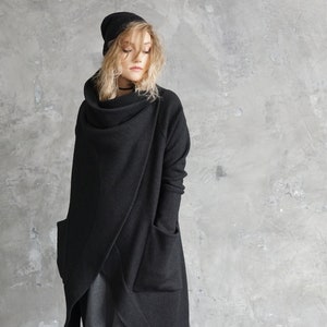 Black sweater coat Black knitted cardigan Long autumn coat Wool cardigan Black wool coat image 3