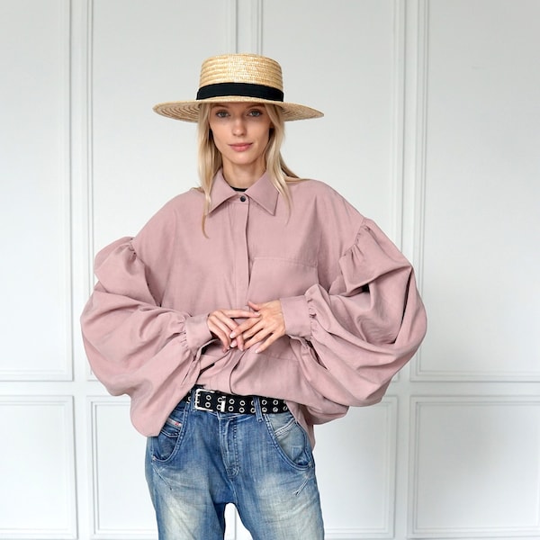 Roze Royal Blouse / Oversized Shirt / Plus Size Tuniek / Unieke Kleding / Roze Losse Blouse / Slow Fashion / Designer Kleding