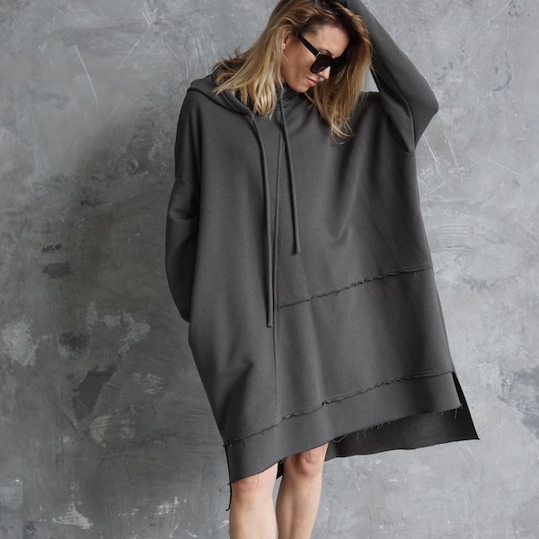 Sweat à capuche surdimensionné gris | long noir | Robe pull ample | Sweat à capuche oversize