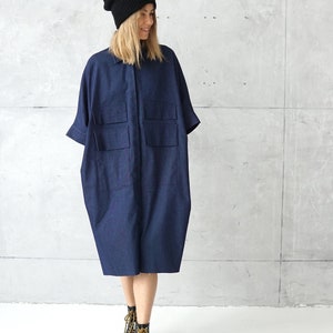 Robe bleue surdimensionnée en COTON pour femme, robe chemise freestyle avec détails sur le devant, robes en jean pour femme