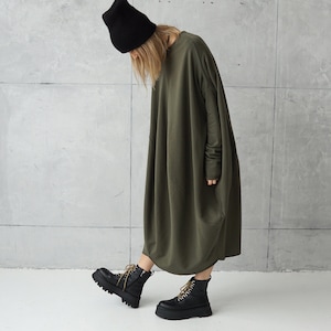 Long Jersey Dress Dresses Online Green Loose Tunic Dress Plus Size Cotton Khaki Dress Sweatshirt Dress Oversized Tunic image 1