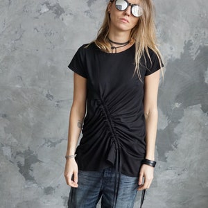 Black asymmetrical t-shirt / Black summer t-shirt / Black festival t-shirt / Black shirt image 1