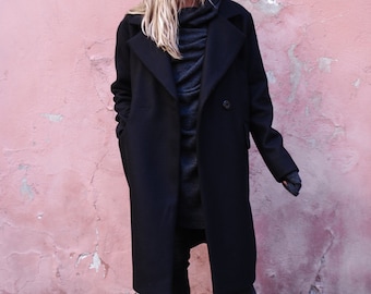 Classic Glamour Maxi Coat / Black Wool Coat / Black Oversized Coat / Black Elegant Coat / Black Trench Coat / Wool Winter Coat
