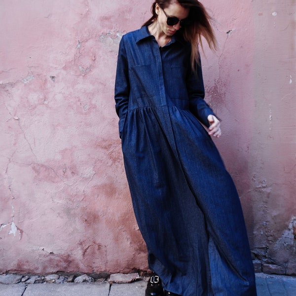 Maxi robe en jean / Robe longue / Robe oversize / Robe chemise / Robe de maternité / Manches longues / Robe décontractée / Robe en coton / Grandes tailles