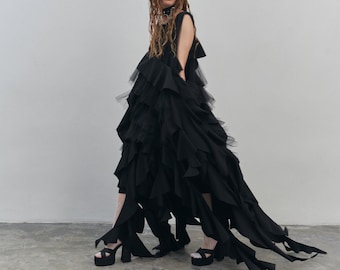 Long black sleeveless dress with tulle frills and fluttering ribbons, Black gown, Black maxi dress, Sleeveless dress, Festive dress