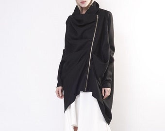 Avant-garde asymmetrical coat with zipper, wool draped coat, plus size costume, goth clothing, plus size coat